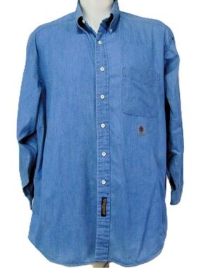 Vintage 90s Tommy Hilfiger Chambray Button Down Shirt XL Crest Logo Denim Blue